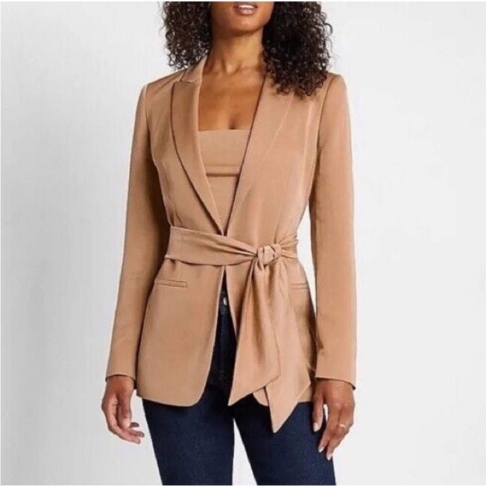 New with tags Express Tan gold satin metallic Blazer jacket belted Tie Waist XS